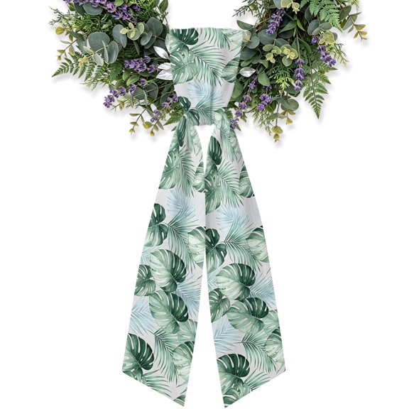 Green Monstera Leaves Wreath Sash for Front Door, Mint Palm Fronds Ferns Tropical Foliage Plant Satin Wreath Ribbon Bow Accessory Garland Home Decor for Doorway Porch Yard 4.5x56