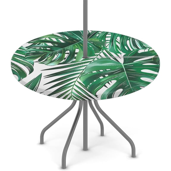 Green Monstera Palm Leaves Outdoor Tablecloth with Umbrella Hole, Round Elastic Fitted Table Cloth with Zipper, Waterproof Picnic Patio Table Covers Fits 44 in Tables