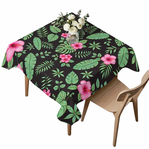 Green Monstera Palm Leaves Table Cloth, Waterproof Tablecloth for Square Tables, Summer Floral Botanical Black Washable Fabric Table Cover for Restaurant Kitchen Dining Tables 54"x54"