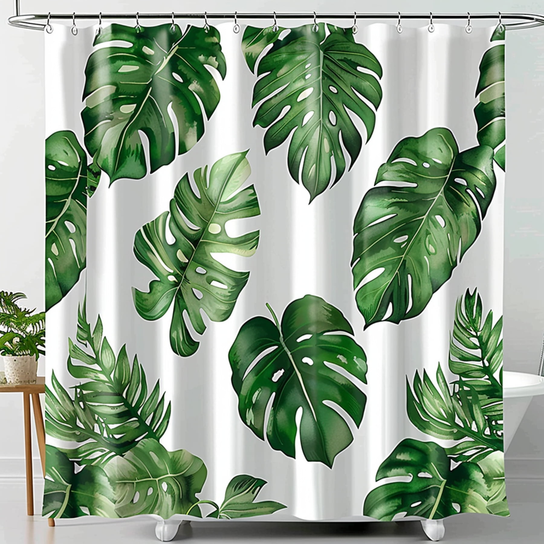 Green Monstera Plant Foliage Print Shower Curtain Tropical Leaves Bathroom Decor White