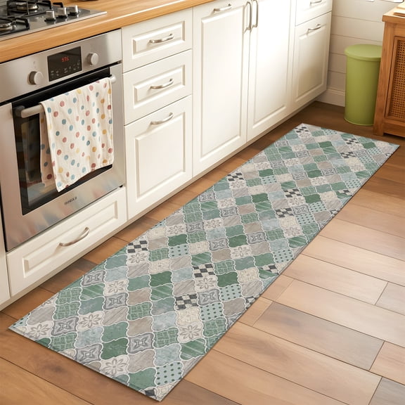 Green Moroccan Shield Runner Rug Non Slip 2x6 Modern Abstract Exotic Geometric Grey Checkered Washable Rug Runner for Hallways Low Pile Kitchen Rugs Stain Resist Carpet for Bathroom Bedroom Entryway