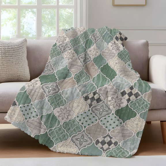 Green Moroccan Shield Throw Blanket for Couch Modern Abstract Exotic Geometric Grey Checkered Soft and Warm Flannel 3D Striped Fluffy Fleece Blanket Lightweight Throw for Bed, Sofa 30 x 40 Inches