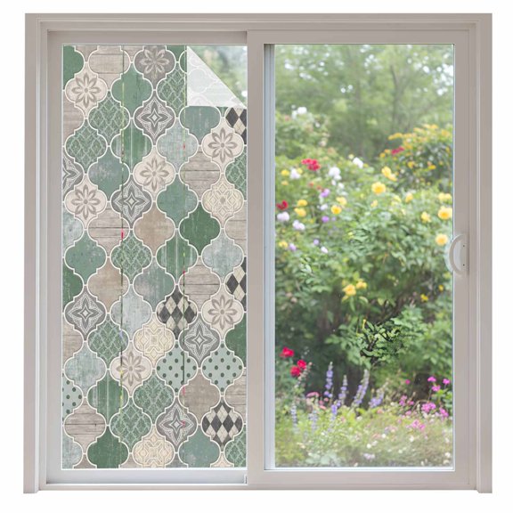 Green Moroccan Shield Window Privacy Film Modern Abstract Exotic Geometric Grey Checkered Decorative Glass Window Film UV Blocking Static Cling Sticker Covering for Home Door 35.4x78.7 inches