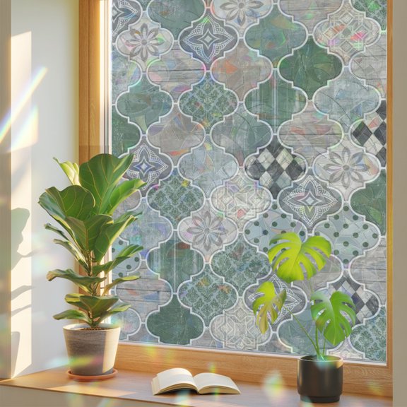 Green Moroccan Shield Window Privacy Film, Modern Abstract Exotic Geometric Grey Checkered Stained Glass Rainbow Film Decorative Window Clings, Static Cling Sun Blocking Stickers 19.6" x 39.3"