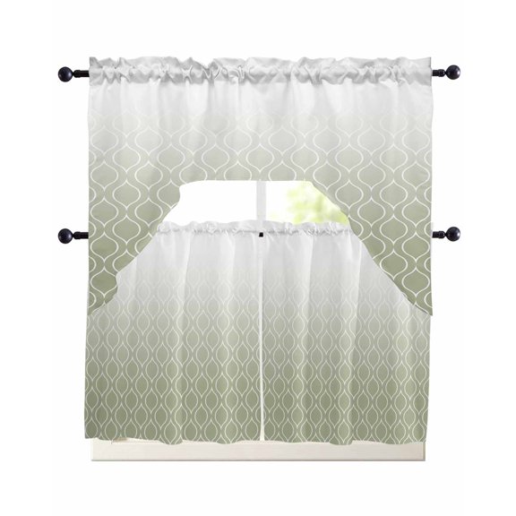 Green Morocco Kitchen Curtains Sets 36 Inch Length with Valance, Abstract Geometric Modern Plaid Swag Valances and Tiers Curtain Set Drapes Swag Curtains for Living Room, Bathroom, Bedroom, Cafe