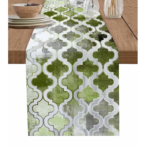 Green Morocco Plaid Short Table Runners 36 Inches, Cotton Linen Fabric Table Runner Dresser Scarf, Distressed Abstract Painted Vintage Tablerunner for Party/Kitchen/Dinner/Wedding Decor 13''x36''