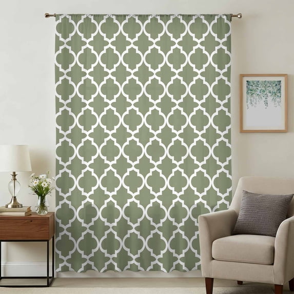 Green Morocco Sheer Curtains 45 Inches Long, Boho Farmhouse Abstract Geometric Simple Light Filering Curtains, Breathable Simi Curtain Privacy Drapes for Kitchen Bathroom Small Window Treatment