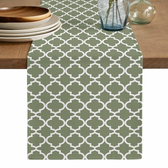 Green Morocco Table Runner, Boho Farmhouse Abstract Geometric Simple Washable Cotton Linen Table Runners 36 Inches Long, Dresser Scarf Runner for Nightstand/End Tables/Round Tables 13''x36''