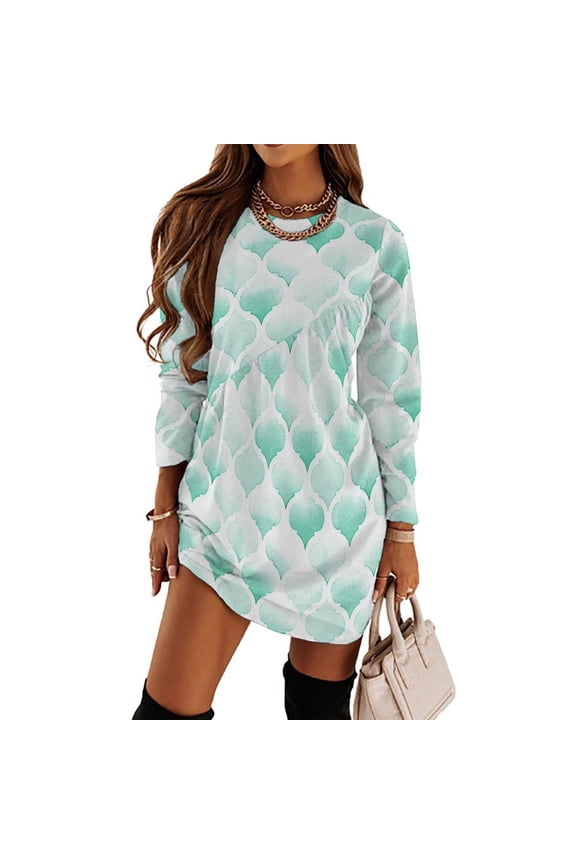 Green Morocco Watercolor Modern Geometric Art Loose Dress Evening Dress Summer Dresses for Women Luxury Dress Long Sleeved Dress