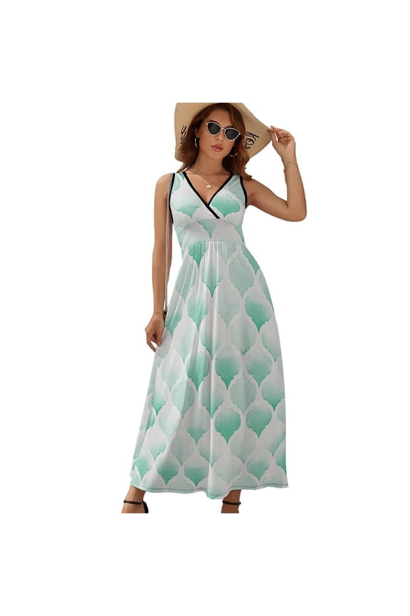 Green Morocco Watercolor Modern Geometric Art Womens Night Club Maxi Dress V Neck Sleeveless Bohemia Long Dresses