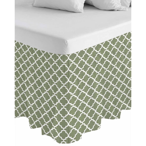 Green Morocco Wrap Around Bed Skirts for Queen Bed 16" Drop,Bed Skirt with Adjustable Elastic Belt Dust Ruffle Bed Valance for Bedroom Hotel Boho Farmhouse Abstract Geometric Simple Bed Frame Cover