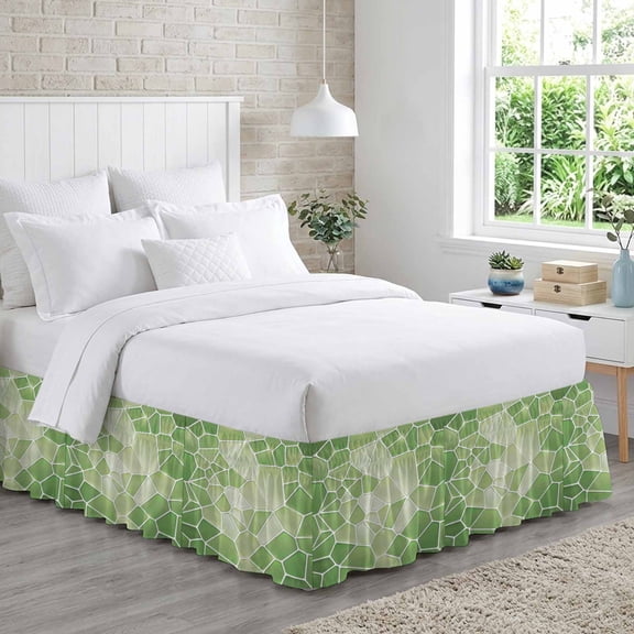 Green Mosaic Bed Skirt Queen Size 18 Inch Drop, Modern Abstract Crimson Tiles Geometric Art Adjustable Elastic Dust Ruffles Bedskirt for Queen Bed Wrap Around Pleated Mattress Frame Cover
