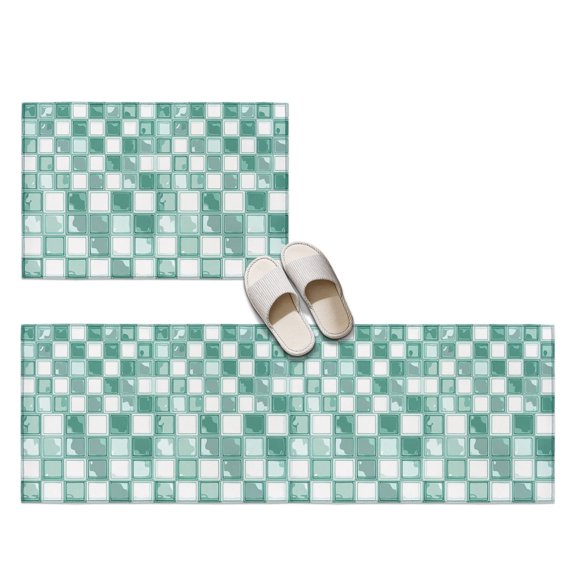 Green Mosaic Checkered 2 Pieces Non-Slip Kitchen Mat Set, Modern Abstract Geometric Squares Plaid Soft Door Mat with Rubber Backing, Dirtproof Rugs for Entrance Doorway, 15.7x23.6in+15.7x47.2in