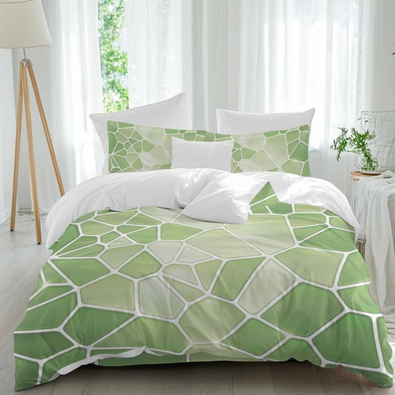 Green Mosaic Duvet Cover Set Queen Size, Modern Abstract Crimson Tiles Geometric Art 4 Piece Soft Microfiber Bedding Set with Zipper Closure, 1 Comforter Cover, 1 Flat Sheet, 2 Pillowcases