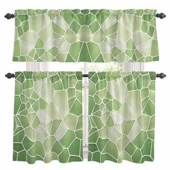 Green Mosaic Kitchen Curtains and Valances Set, Modern Abstract Crimson Tiles Geometric Art 3 Piece Curtains Valances and Tiers Set Rod Pocket for Kitchen Bathroom Windows 24 Inch