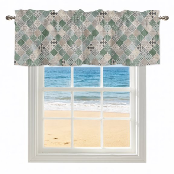 Green Mosaic Texture Valances for Windows, Rod Pocket Kitchen Valance Curtains - Soft & Washable Small Window Treatment for Living Room, Bathroom, Floral Damask Plaid 42x12inch, 1 Panel