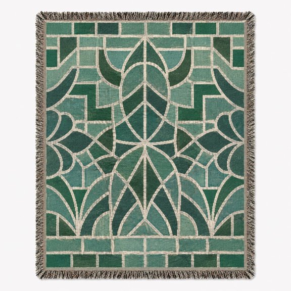 Green Mosaic Tile Woven Cotton Throw Blanket | Boho Geometric Pattern | Fringed Edges | 3 Sizes