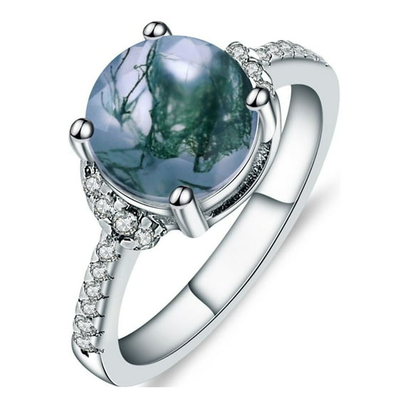 Green Moss Agate Oval Engagement Ring, Unique 925 Sterling Silver Gem Stone Engagement Ring