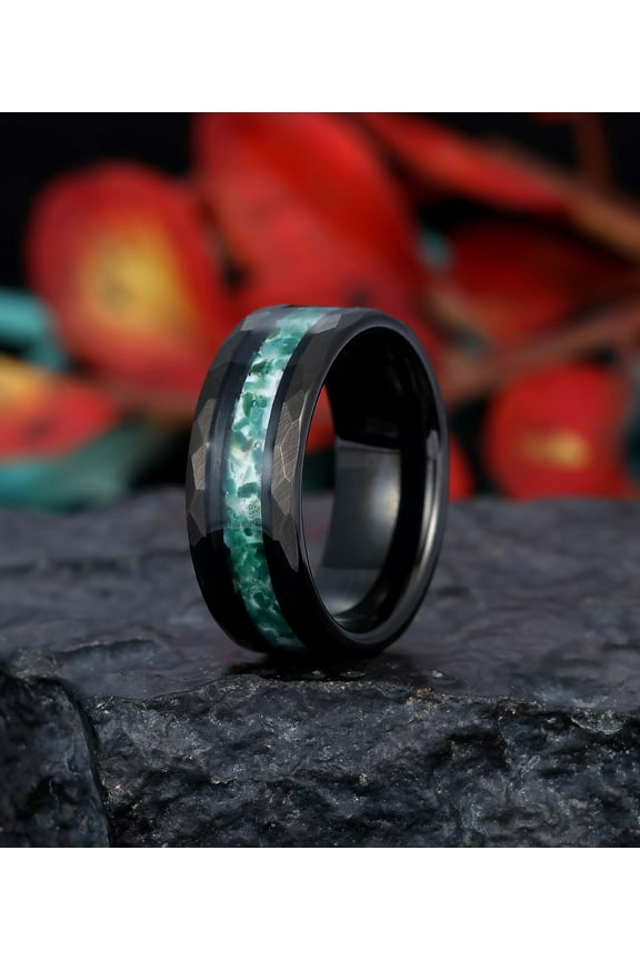 Green Moss Agate Tungsten Ring, Anniversary Ring for Men Black Wedding Band, Unique Anniversary Gift for Him