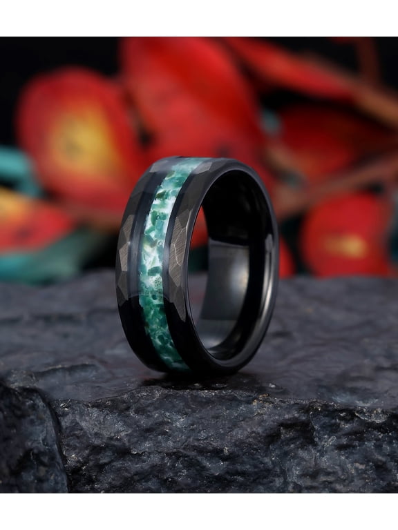 Green Moss Agate Tungsten Ring, Anniversary Ring for Men Black Wedding Band, Unique Anniversary Gift for Him