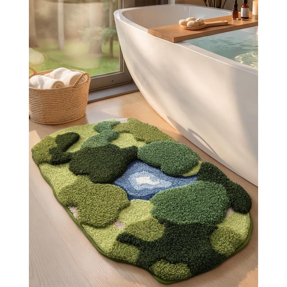 Green Moss Bathroom Runner Rug 20"x35", Long Rectangular Boho Aesthetic Bath Mat Shaggy Absorbent Non Slip Washable Area Living Bedroom Unique Decor