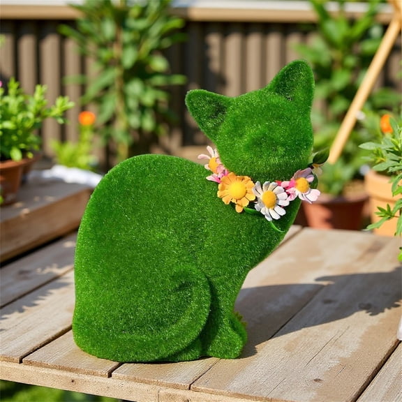 Green Moss Flocked Cats Figurines Resin Moss Cat Statue Flocked Cat Tabletop Figurines Faux Moss Rabbit Garden Easter Party Favors - (Cat_7.09")