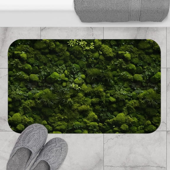 Green Moss Print Bath Mat, Absorbent Flannel Bathroom Rug, Nature Theme Spa Floor Mat, Indoor Non Slip Design, 16 x 24 Inch