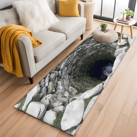 Green Mossy Stone Well 2'x6' Runner Rug for Hallway Walkway Kitchen Galley, Rustic Realistic Nature Industrial Low Pile Washable Non Slip Long Area Rug