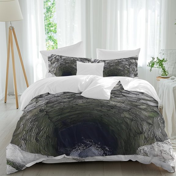 Green Mossy Stone Well Duvet Cover Set Queen Size, Rustic Realistic Nature Industrial 4 Piece Soft Microfiber Bedding Set with Zipper Closure, 1 Comforter Cover, 1 Flat Sheet, 2 Pillowcases
