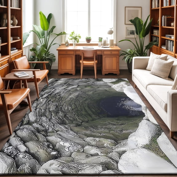 Green Mossy Stone Well Washable Area Rug 9 x 12 ft Rustic Realistic Nature Industrial, Soft Non Slip Rugs Stain Repellent Indoor Felt Carpet for Living Dining Room Bedroom Home Office