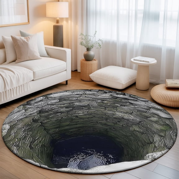Green Mossy Stone Well Washable Round Area Rug 3 ft, Rustic Realistic Nature Industrial, Soft Non Slip Rugs Stain Repellent Indoor Felt Carpet for Living Dining Room Bedroom Home Office