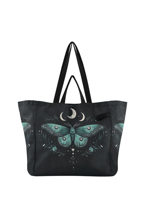 Green Moth Canvas Tote Bag Large Capacity Reusable Tote with Double Handles, Foldable Heavy Duty Shopping Beach Laundry Bag, 32L
