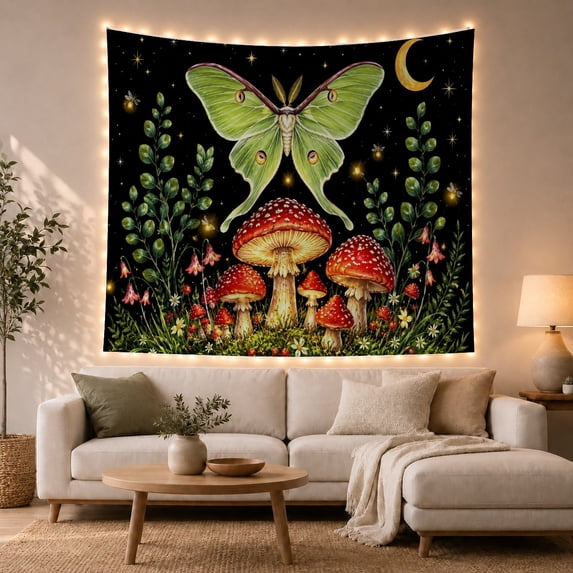 Green Moth Above Red Mushrooms in a Starry Garden, Mystical Fantasy for Nature Lovers, Botanical Wall Art, Housewarming Gift, Tapestry Wall Hanging for Bedroom and Living Room