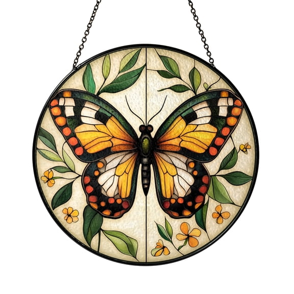 Green Moth Stained Glass Style Round Panel – Nature Insect Window Art