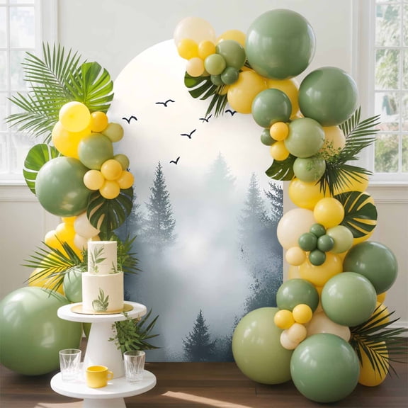 Green Mountain Arch Backdrop Cover, 4FT, Retro Forest Nature Tree Sky Sun Birds Spandex Arch Covers Double-Sided Backdrop for Wedding Birthday Party Photo Background Decoration