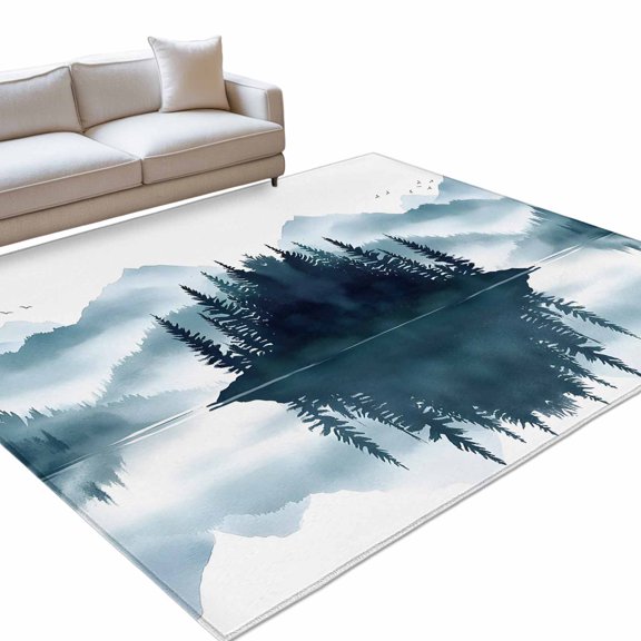 Green Mountain Area Rugs 8x10ft Landscape Painting Abstract Forest Lake Floor Rug Non Slip Low Pile Ultra Soft Throw Carpet for Entryway Indoor Entrance Kitchen Bathroom