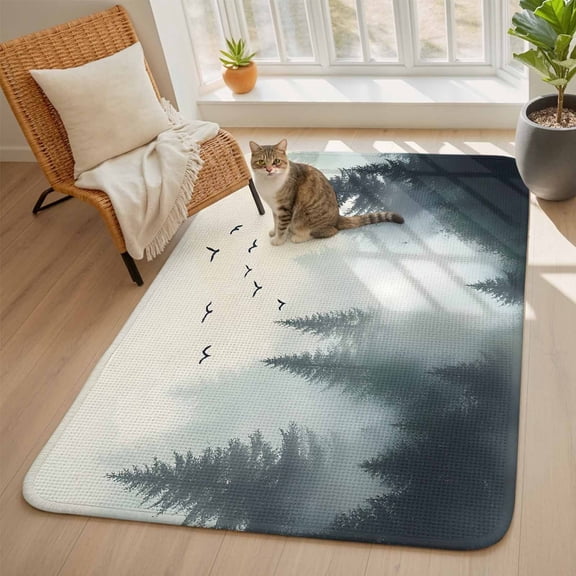 Green Mountain Area Rugs for Living Room 5x6, Retro Forest Nature Tree Sky Sun Birds Washable Area Rug with Non Slip Backing, Stain Resist Linen Carpet for Bedroom, Dining Room, Entryway, Entrance