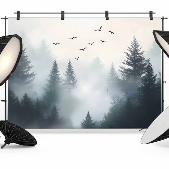 Green Mountain Backdrop for Photography, Retro Forest Nature Tree Sky Sun Birds Photo Backdrop Portrait Background Party Banner Photo Backgrounds for Studio Booth Props, 8x6ft