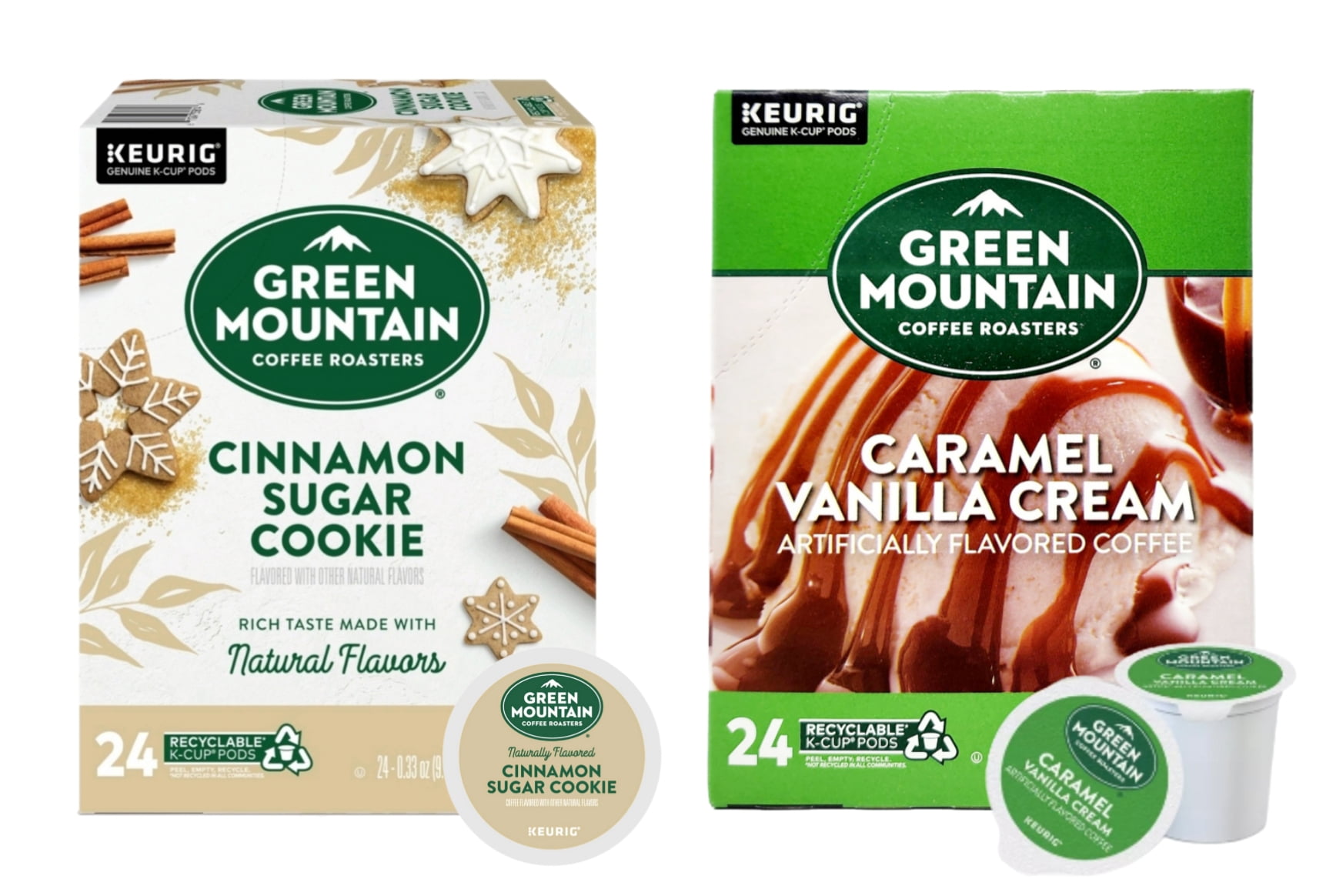 Green Mountain Cinnamon Sugar Cookie and Caramel Vanilla Cream Coffee K Cup Pods, 24 K Cups Per Flavor
