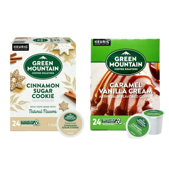Green Mountain Cinnamon Sugar Cookie and Caramel Vanilla Cream Coffee K Cup Pods, 24 K Cups Per Flavor