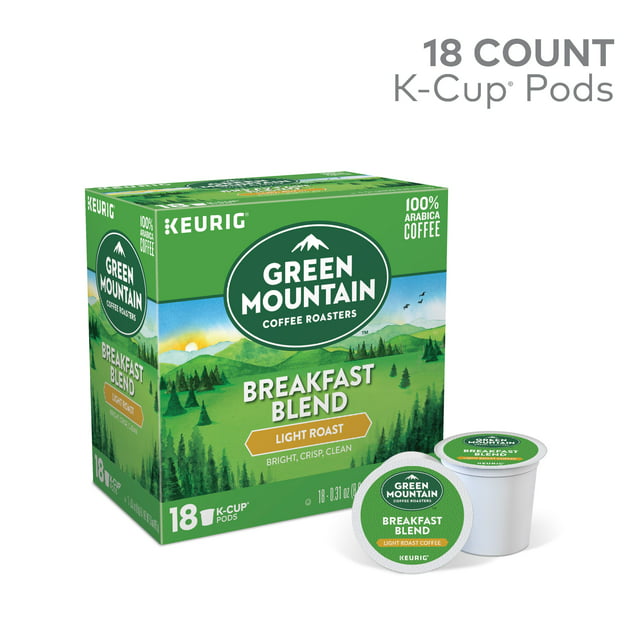 Green Mountain Coffee Breakfast Blend K-Cup Pods, Light Roast, 18 Count for Keurig Brewers