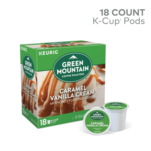 Green Mountain Coffee Caramel Vanilla Cream Flavored K-Cup Pods, Light Roast, 18 Count for Keurig Brewers