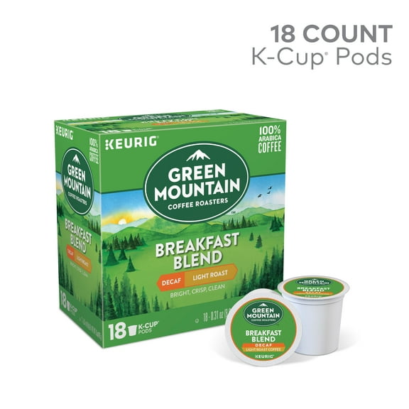 Green Mountain Coffee Decaf Breakfast Blend K-Cup Pods, Light Roast, 18 Count for Keurig Brewers