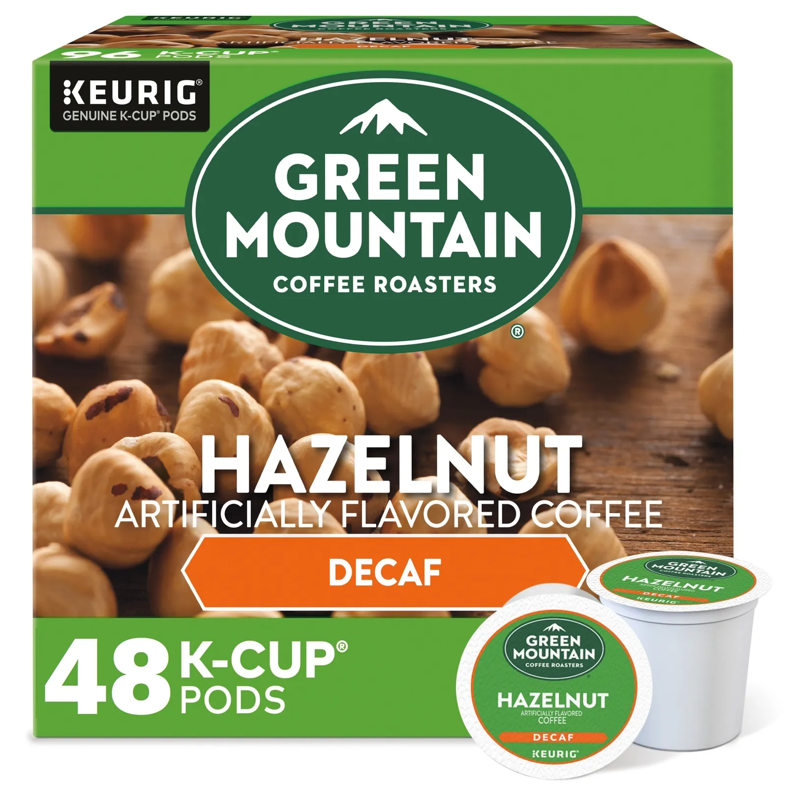 Green Mountain Coffee Hazelnut Decaf, Light Roast, 48 K-Cup Pods