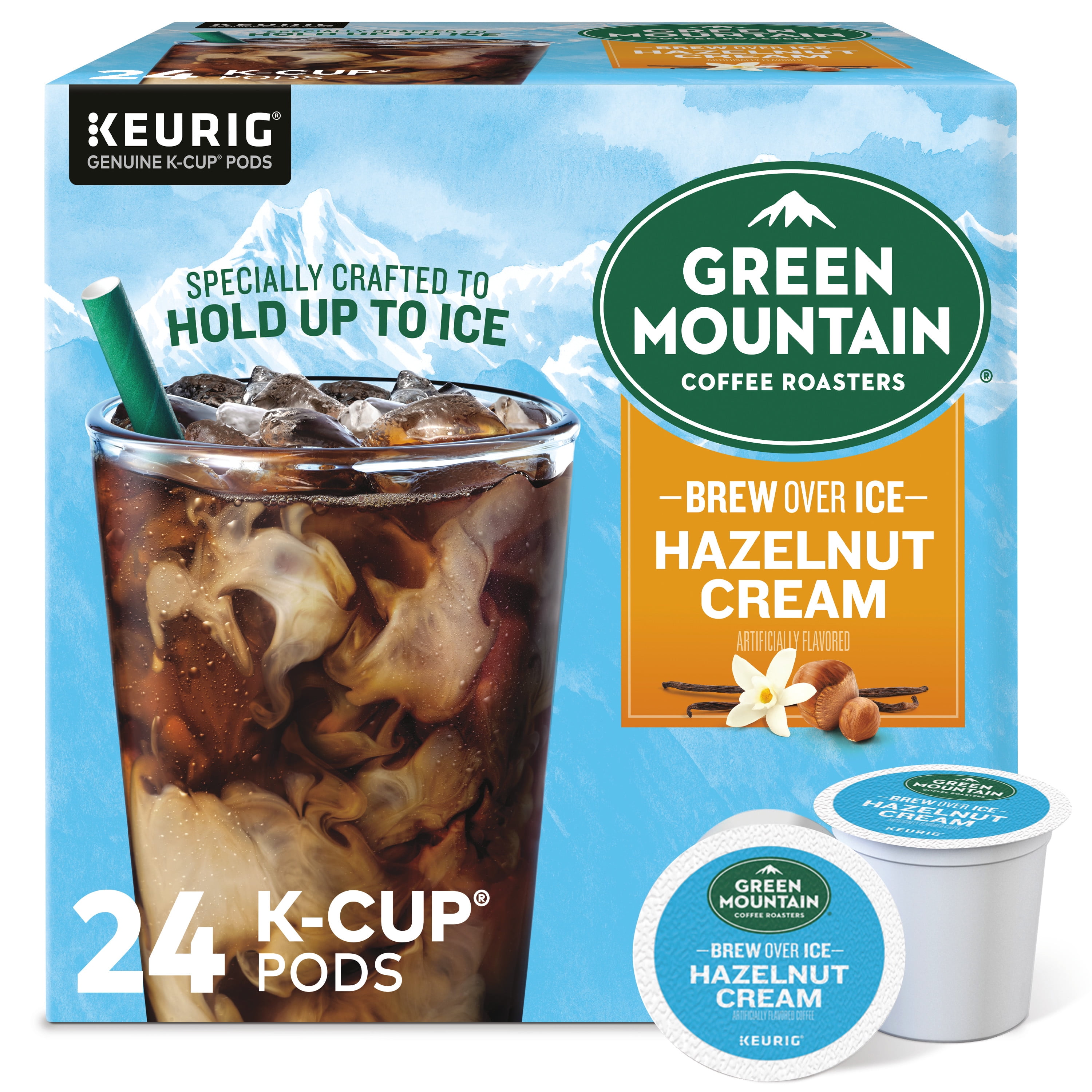 Green Mountain Coffee Roasters Brew Over Ice Hazelnut Cream, Single Serve Keurig K-Cup Pods, Flavored Iced Coffee, 24 Count
