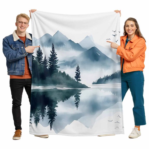 Green Mountain Flannel Blanket for Bed,Travel and Camping, Landscape Painting Forest Abstract Lake Super Soft Cozy Blanket for All Seasons 60"x80"