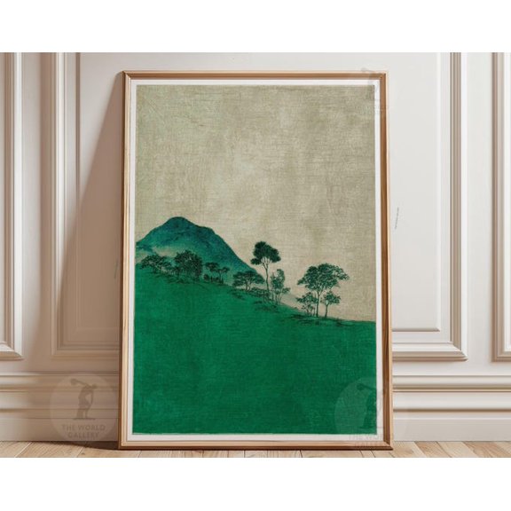Green Mountain Landscape Minimalist Forest Hill Wall Art Print, Unframed Paper Poster 24x36in