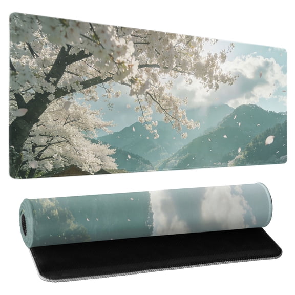 Green Mountain Landscape with Cherry Blossoms Desktop Mouse Pad Anti-Splash Exquisite Edge-Padded Gaming Desktop Pad 31.5x11.8in