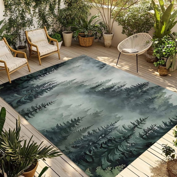 Green Mountain Outdoor Rug 5x8 Ft - Reversible Patio Rug Outdoor Camping Rugs, Misty Forest Nature Woodland Pine Tree Landscape Indoor Outdoor Area Rugs, Non-Slip Outdoor Carpet Runner for Deck/Porch