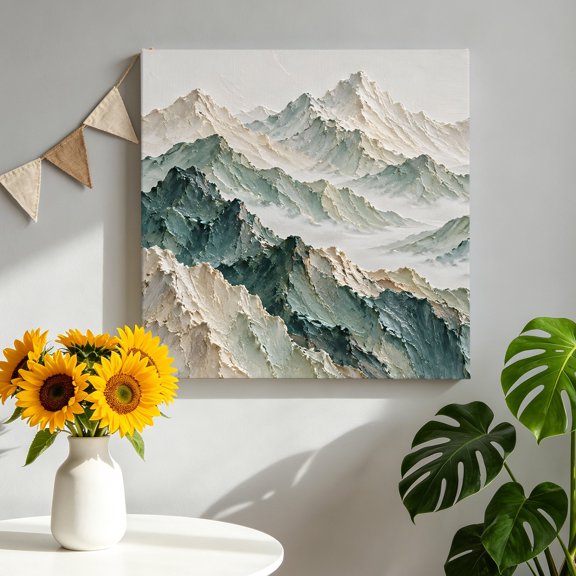 Green Mountain Range Canvas Wall Art, High Snow Peaks Misty Valleys Oil Paint Framed Canvas Wall Decor Picture Print Artwork Decorations for Living Room Office Ready to Hang 8"x8"